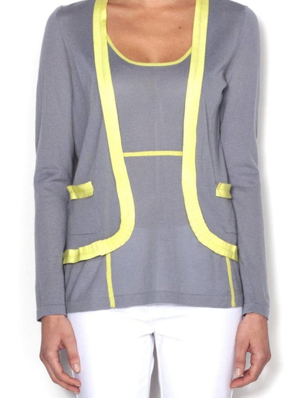 Christopher Fischer Jayden Cardigan Grey Mist Lemon 100% Cashmere NWT